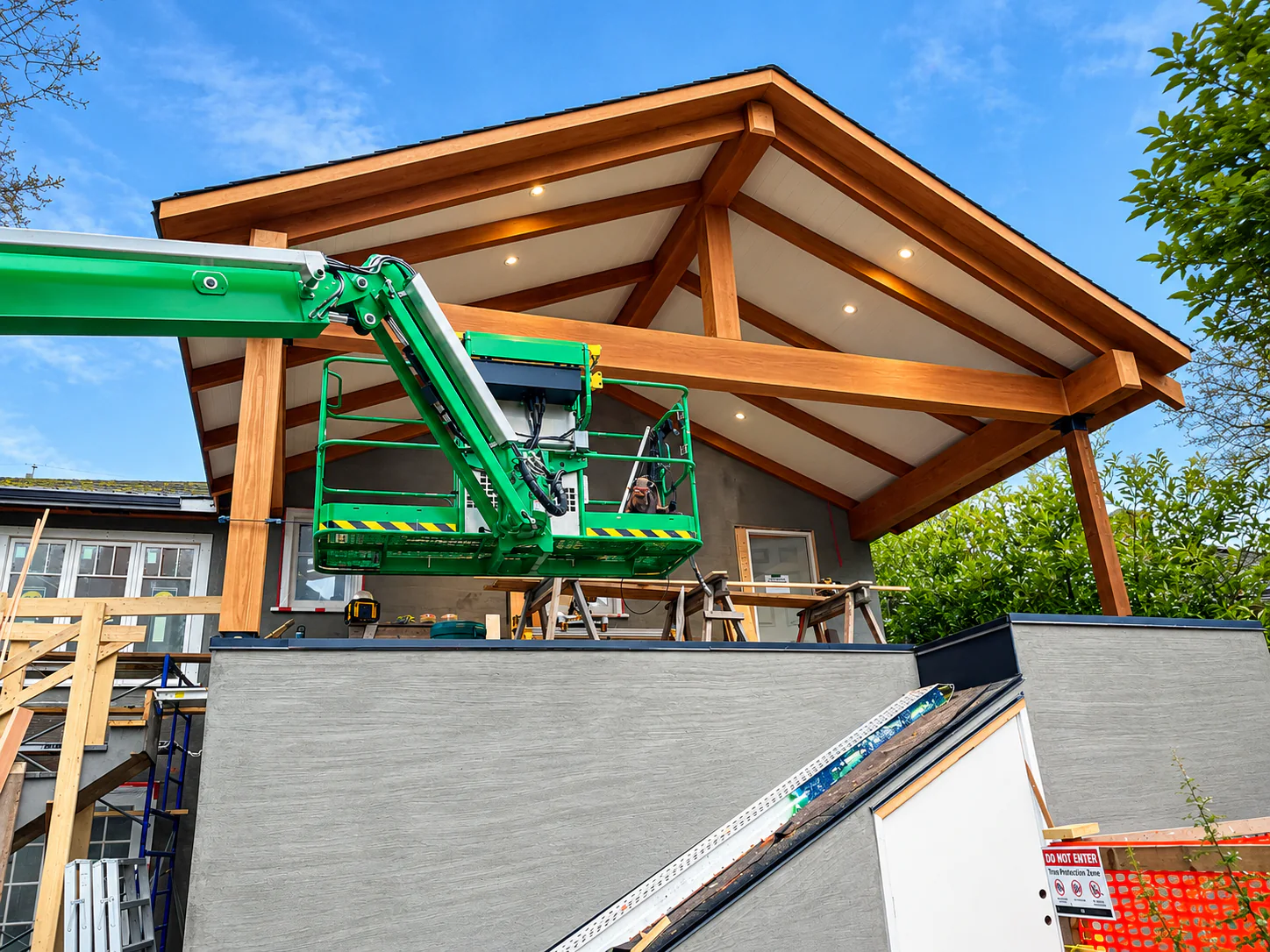 Timber frame roof structure being built on a new construction project by DM Patterson Construction